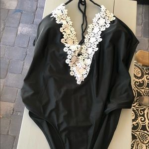Whole piece black and lace bathing suit